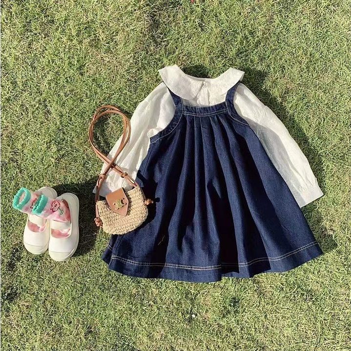 ins 秋新作　女の子　デニム　サロペットスカート　ワンピース　重ね着　子供服　おしゃれ　可愛い