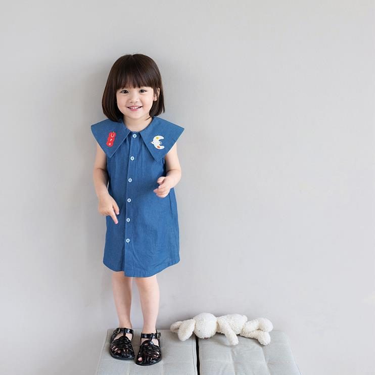 ins 夏新作　女の子　デニム風　ワンピース　ノースリーブ　刺繍襟　子供服　可愛い　おしゃれ　3～8才