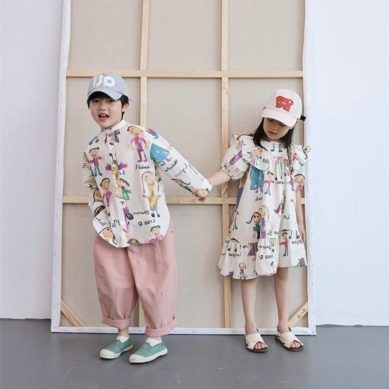 ins 夏新作　女の子　手描き絵風　ワンピース　シャツ　子供服　男の子　女の子　可愛い　3～8才