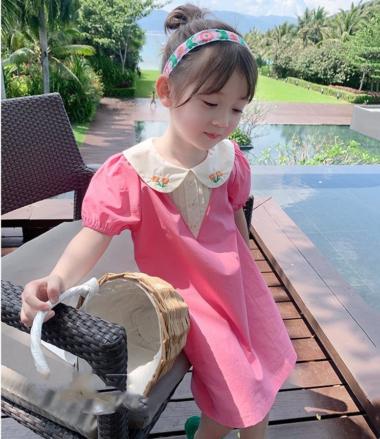 ins 秋新作　女の子　刺繍襟　花柄　ワンピース　子供服　可愛い　半袖ワンピース　おしゃれ　3～8才