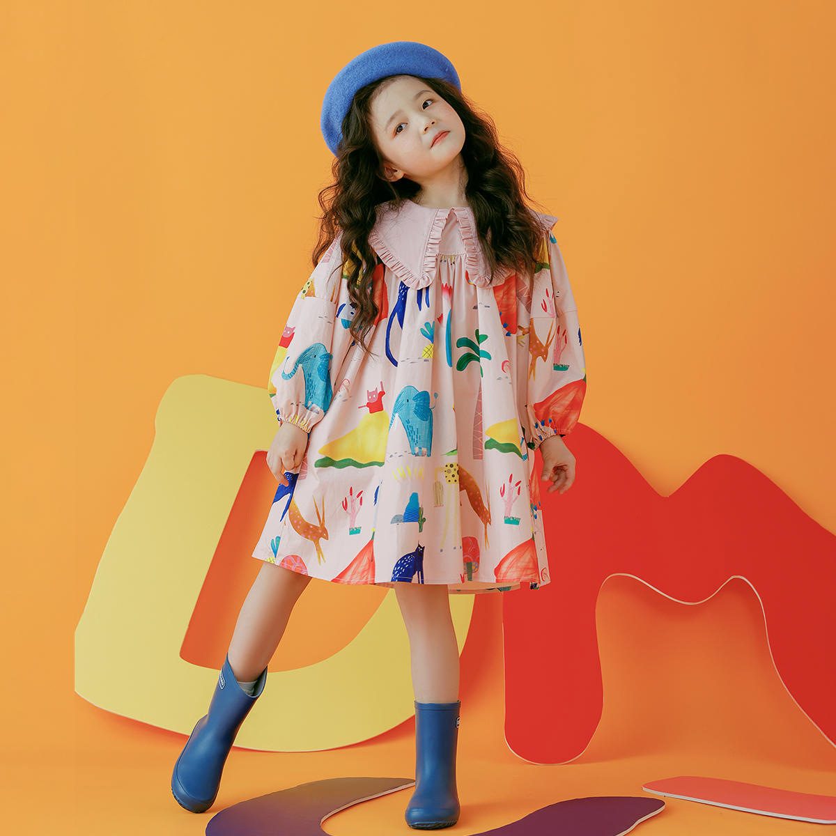 ins 秋新作　女の子　手描き絵風　ワンピース　子供服　可愛い　長袖ワンピース　春夏秋　おしゃれ