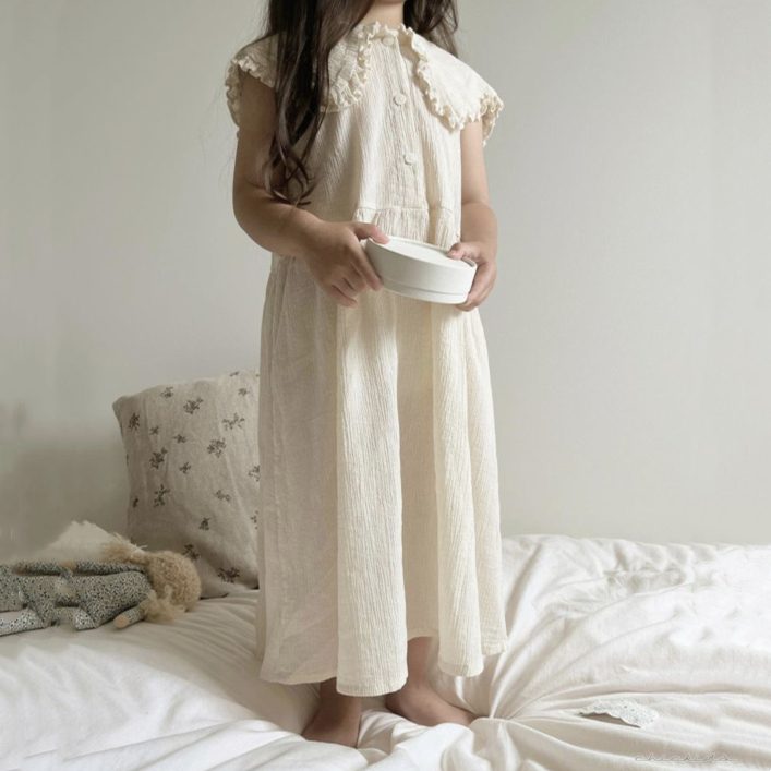 ins 夏新作　女の子　Aライン　ノースリーブ　ワンピース　森ガール　子供服　ラッフル襟　おしゃれ
