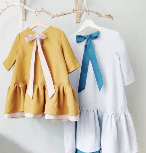 ins 夏新作 女の子 リネン リボン ワンピース 森ガール 子供服 可愛い おしゃれ フリル