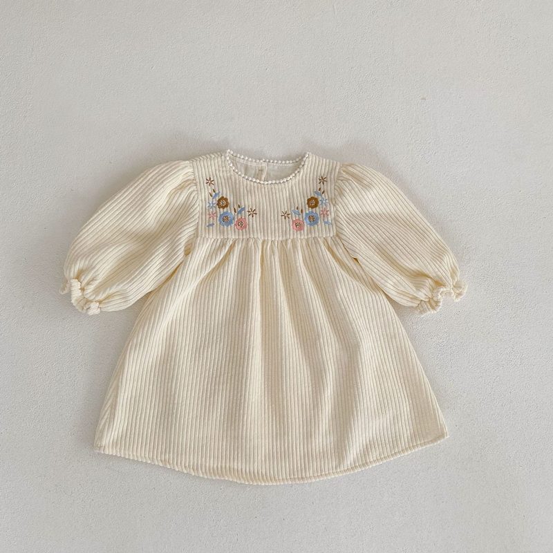 ins 秋新作 子供服 女の子 コーデュロイ ワンピース 長袖 可愛い おしゃれ レース 刺繍