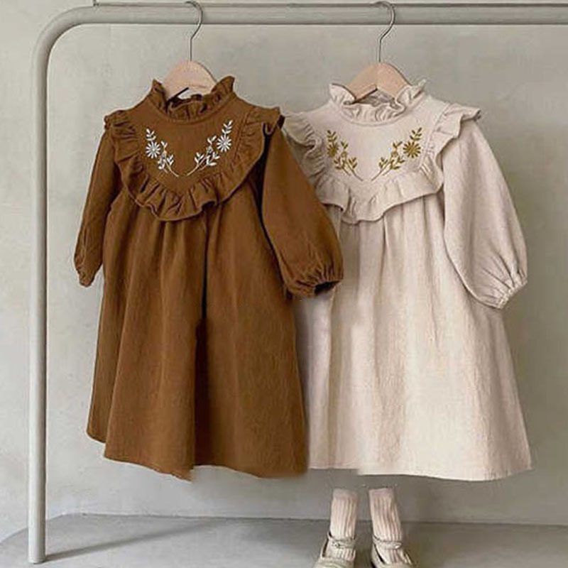 ins 秋新作　子供服　親子コーデ　ワンピース　長袖　ダックネック　可愛い　おしゃれ　刺繍　親子 ペア