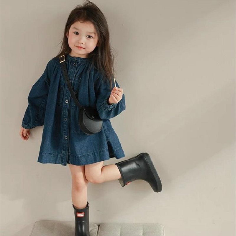 秋新作　子供服　女の子　デニム　シャツワンピース　長袖　可愛い　おしゃれ　Aライン　ゆったり