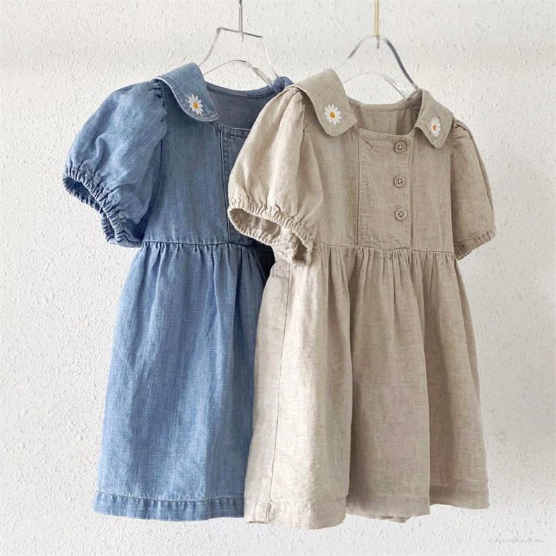 ins 秋新作　子供服　女の子　デニム　ワンピース　半袖　刺繍花柄　可愛い　おしゃれ　Aライン　柔らか