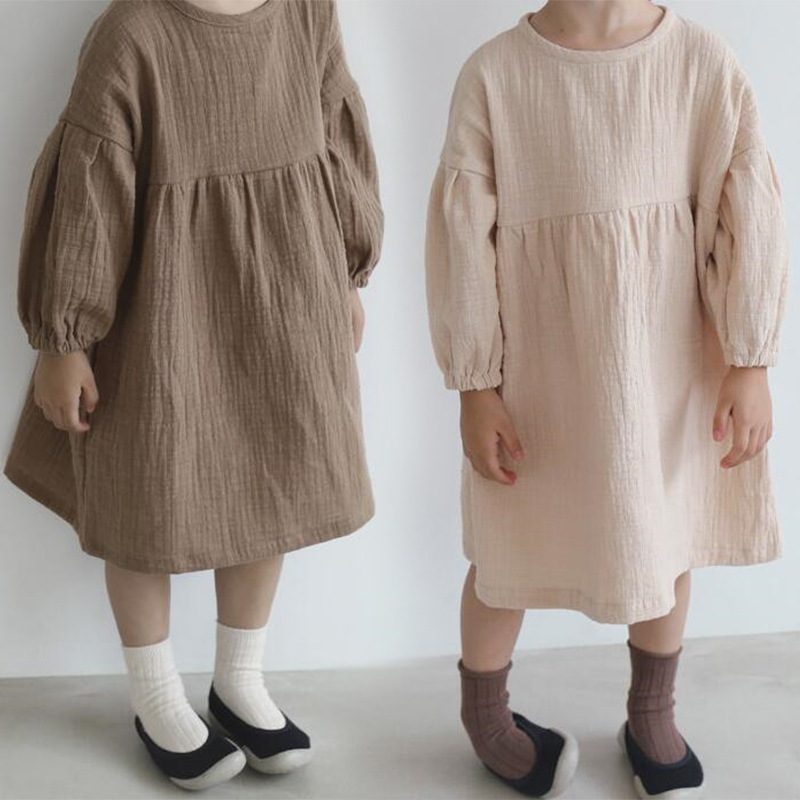 ins　春夏　子供服　女の子　柔らかい　綿麻　長袖　ワンピース　可愛い　おしゃれ　パフスリーブ　無地