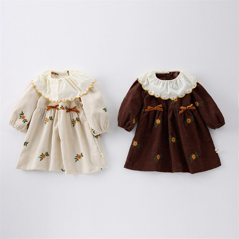 ins 秋新作　子供服　女の子　刺繍　花柄　長袖　ワンピース　柔らか　姉妹服　リボン付き