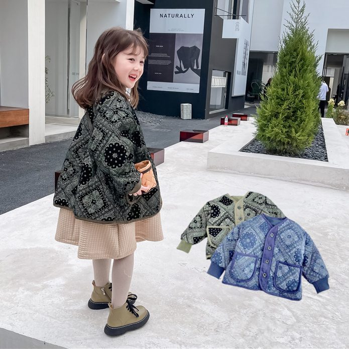 ins 秋冬　レトロ風　総柄　子供コート　可愛い　子供服　カジュアル　ゆったり　コート　トップス