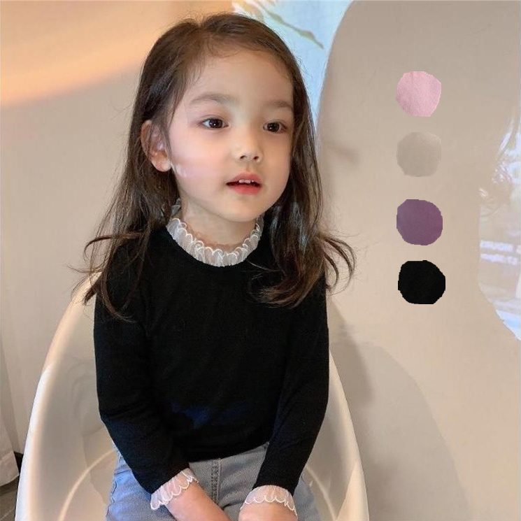 ins 秋冬新作　子供服　ストレッチ　2重レース襟　長袖Ｔシャツ　インナー　女の子　トップス　キッズ服