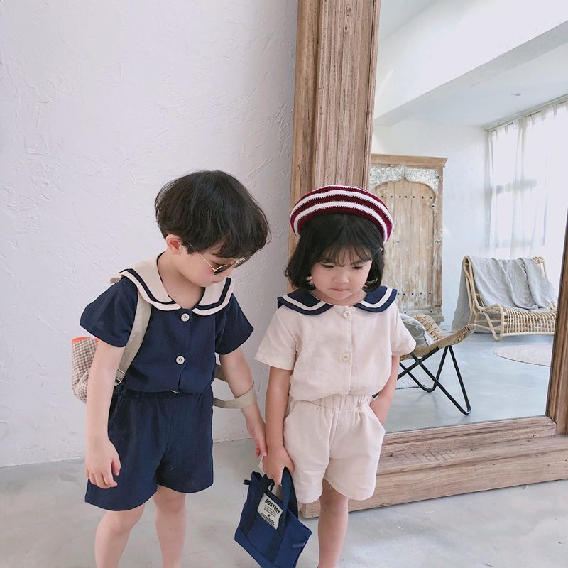 春夏　キッズ服　セットアップ　シャツ　短パン　男女兼用　無地　2点セット　カジュアル　普段着