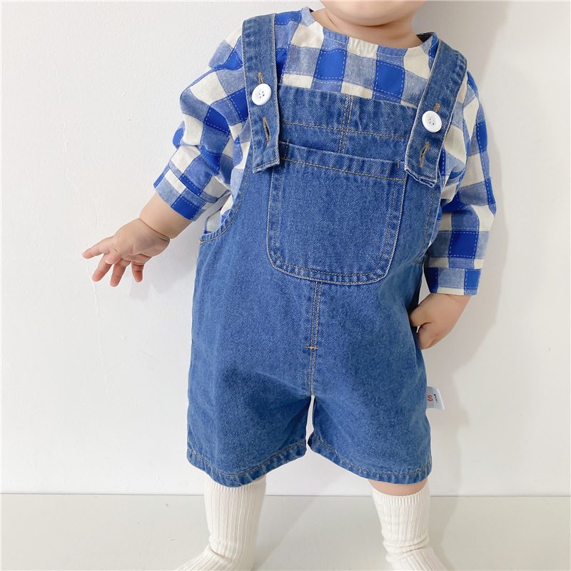 夏秋新作　子供服　セットアップ　チェックシャツ　サロペット　デニムパンツ　2点セット 子供服