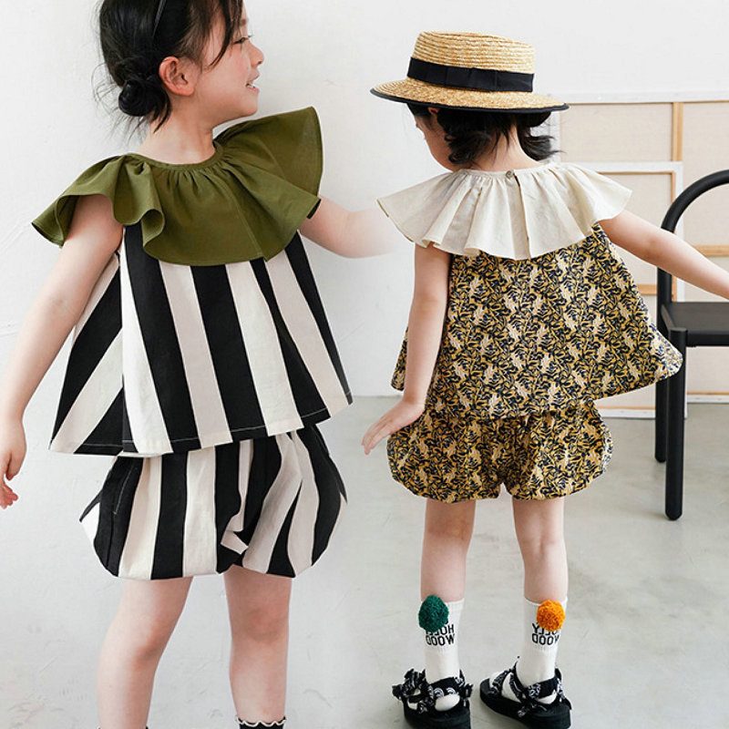 秋新作 女の子 2点セット ラッフル襟 トップス パンツ ストライプ柄 子供服 ノースリーブ 可愛い