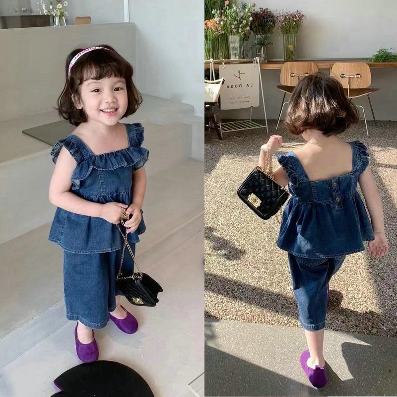 夏新作 女の子 デニム2点セット キャミソール 7分丈パンツ 両面着用可 子供服 ノースリーブ