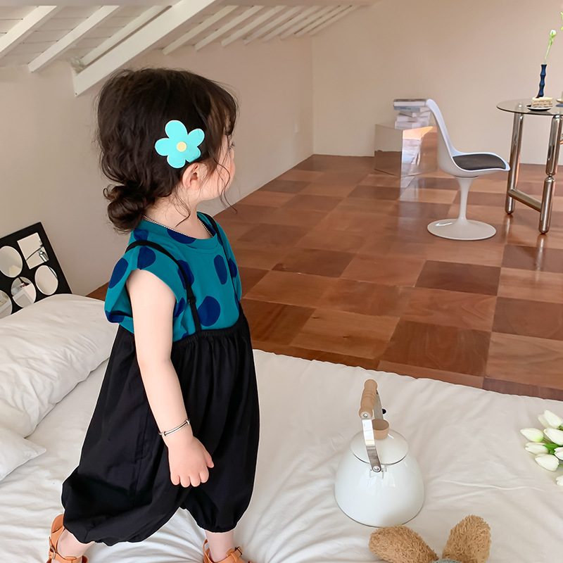 ins 新作　女の子　ドット柄Tシャツ　サロペット　2点セット　子供服　ノースリーブ　セットアップ　可愛い