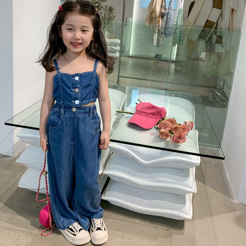 ins 新作　ins人気 夏　女の子　デニム　2点セット　ベスト　パンツ　子供服　セットアップ　おしゃれ