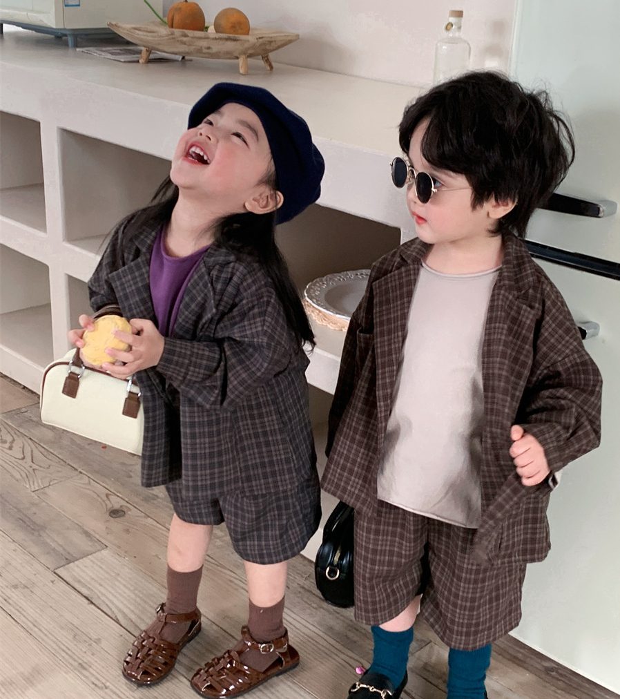 ins 秋新作　キッズ服　スーツ　セットアップ　チェック柄　ゆったり　子供服　カジュアル　2点セット