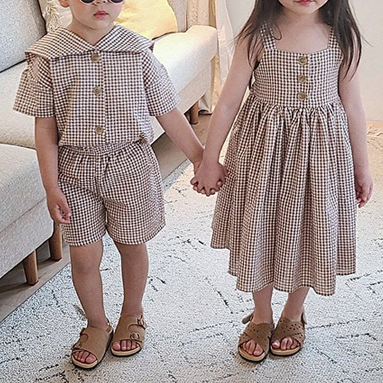ins　夏新作　ベビー服　セットアップ＆ワンピース　半袖　男の子　女の子　子供服　可愛い　チェック柄