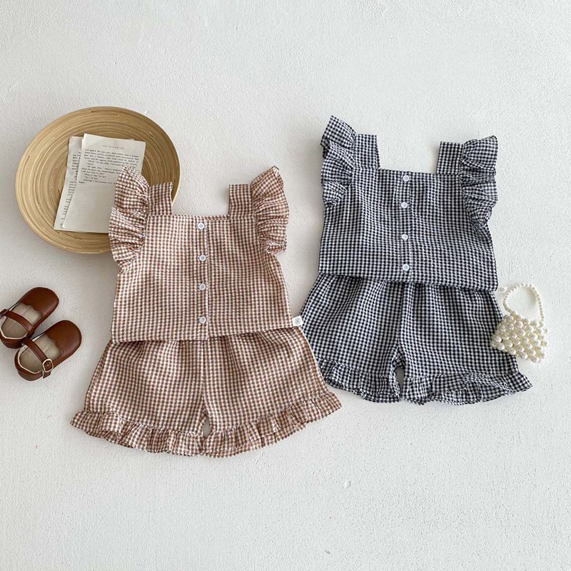 ins 夏新作 子供服 女の子 フリル チェック柄 セットアップ ブラウス ショートパンツ 可愛い