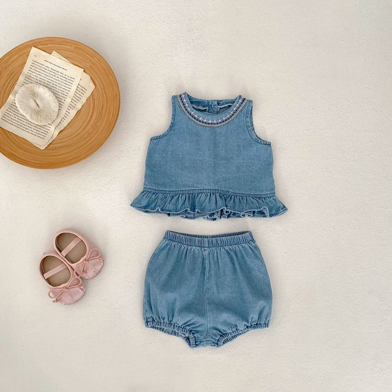 ins 夏新作　子供服　女の子　デニム　上下セット　チョッキ　ショートパンツ　柔らか　2点セット　可愛い