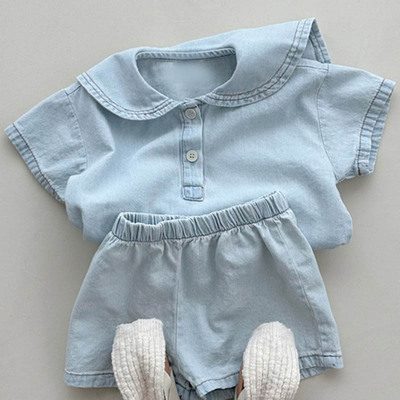 ins 夏新作　子供服　デニム　セーラーカラー　セットアップ　半袖シャツ　ショートパンツ　可愛い　柔らか