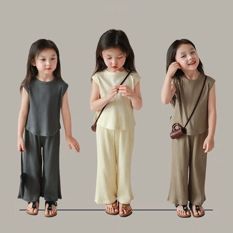 ins ins 夏新作　子供服　女の子　冷感　セットアップ　ベスト　ワイドパンツ　カジュアル　涼しげ　無地