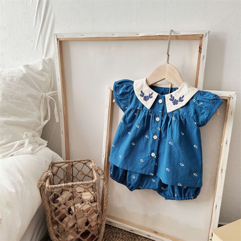 ins　夏　ベビー服　セットアップ　半袖シャツ　短パン　刺繍襟　可愛い　2点セット　カジュアル　子供服