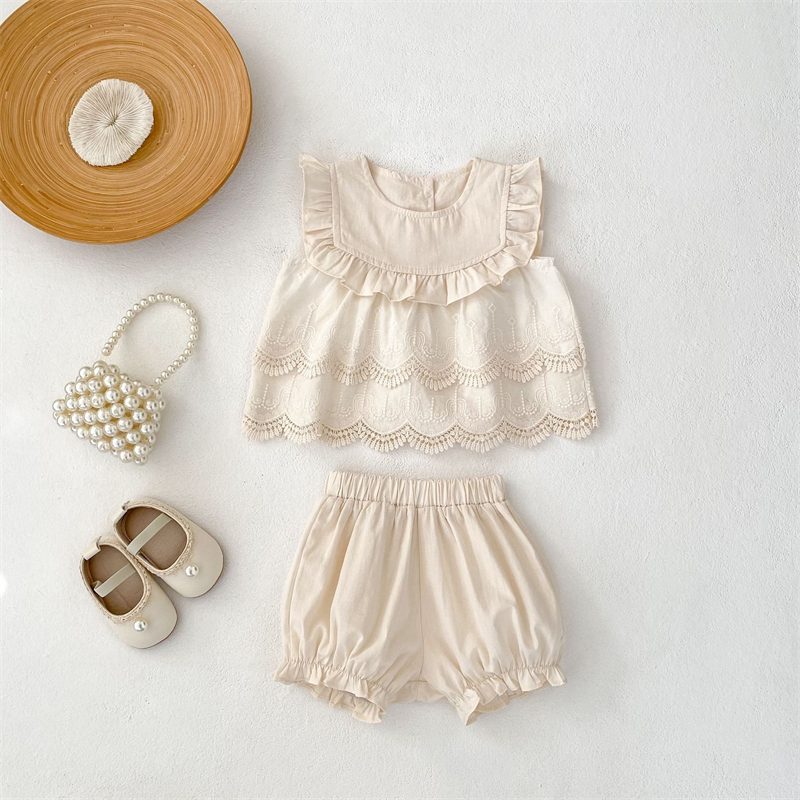 ins 夏新作　女の子　ベビー服　フリル　レース　セットアップ　トップス　ショートパンツ　子供服　可愛い