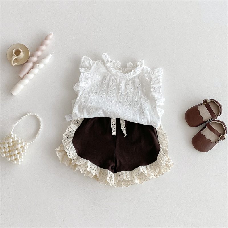 ins 夏新作　女の子　レースドッキング　セットアップ　トップス　ショートパンツ　子供服　可愛い　柔らか