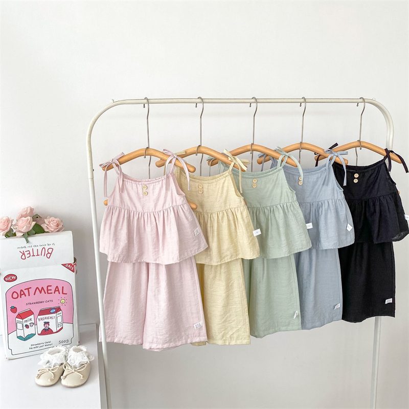 ins 夏新作　子供服　キャミソール　セットアップ　ベスト　ワイドパンツ　涼しげ　ノースリーブ　フリル