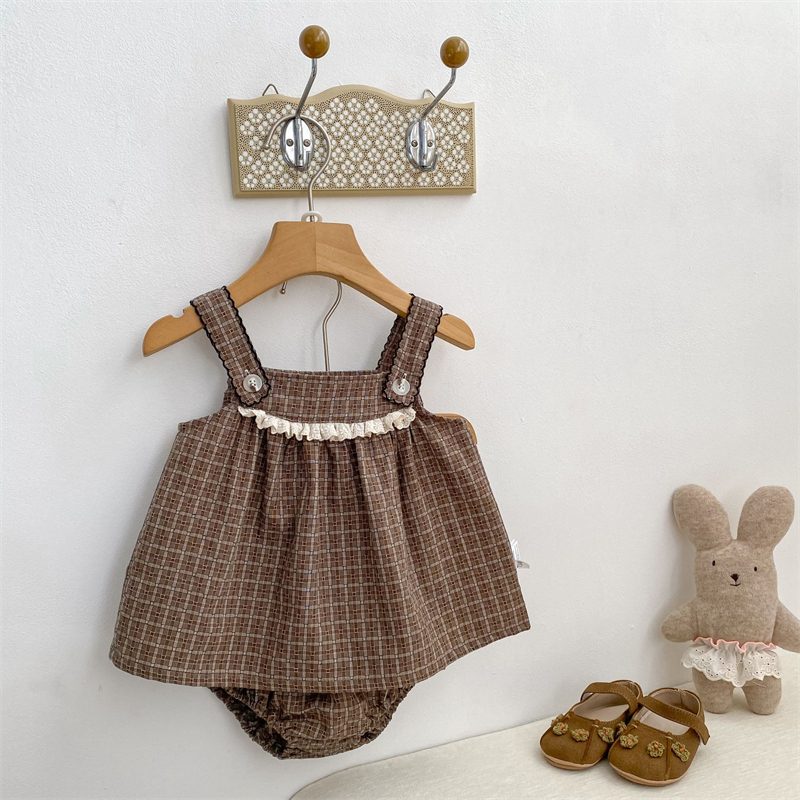 夏新作　女の子　チェック柄　キャミソール　セットアップ　ベスト　ブルマー　子供服　可愛い