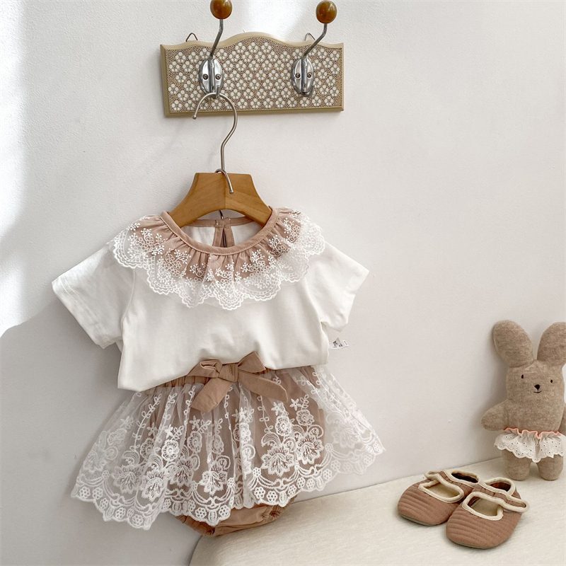 夏新作　女の子　レースドッキング　セットアップ　半袖　Tシャツ　ブルマー　子供服　可愛い　リボン