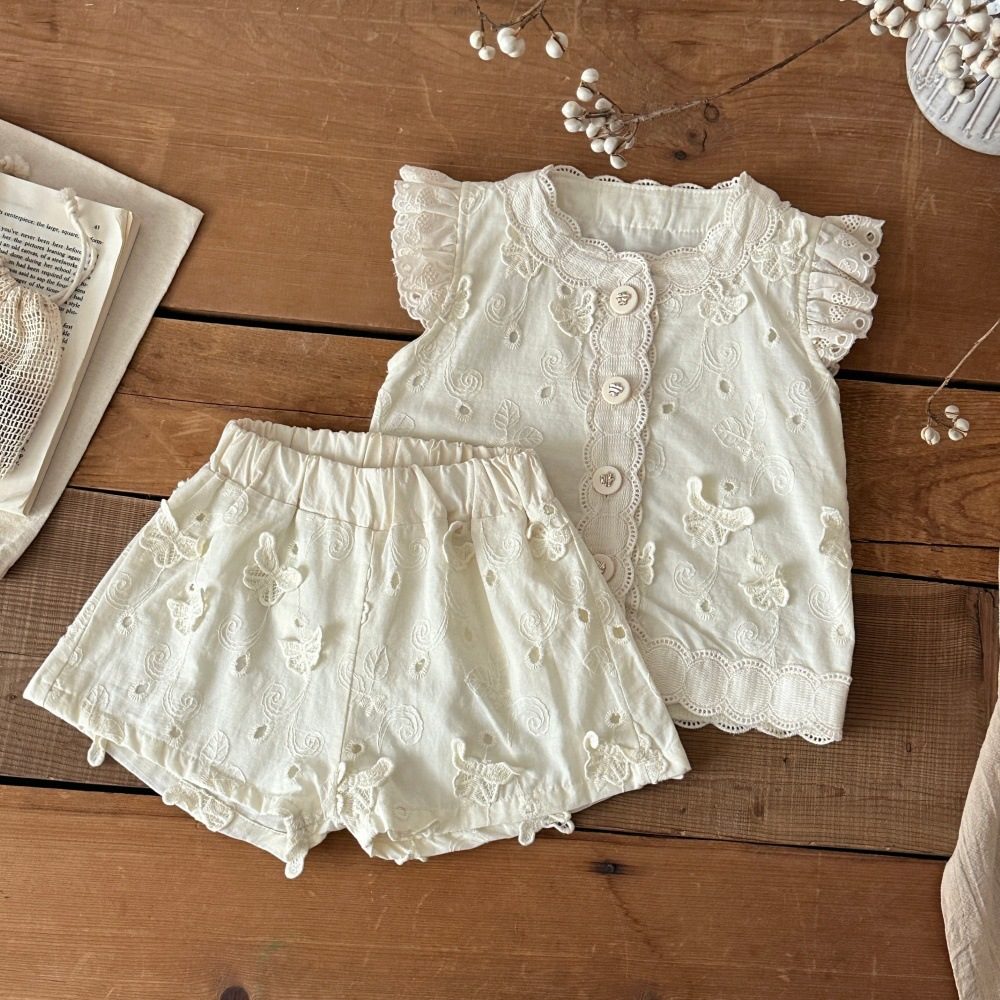 夏新作　子供服　女の子　フラッタースリーブ　リボン　セットアップ　刺繍　シャツ　ショートパンツ