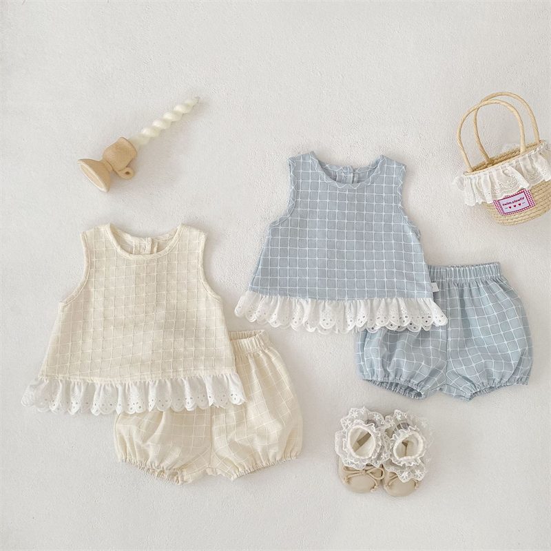 夏新作　女の子　レースドッキング　セットアップ　ベスト　ショートパンツ　子供服　可愛い　おしゃれ