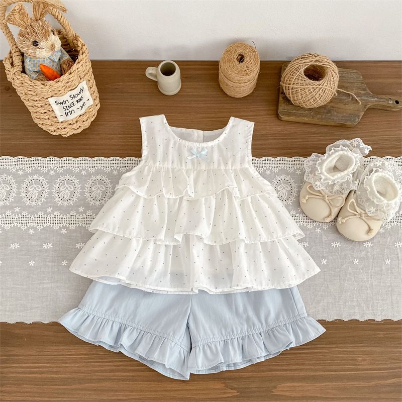 夏新作　女の子　水玉　セットアップ　リボン付き　ベスト　ショートパンツ　可愛い　子供服