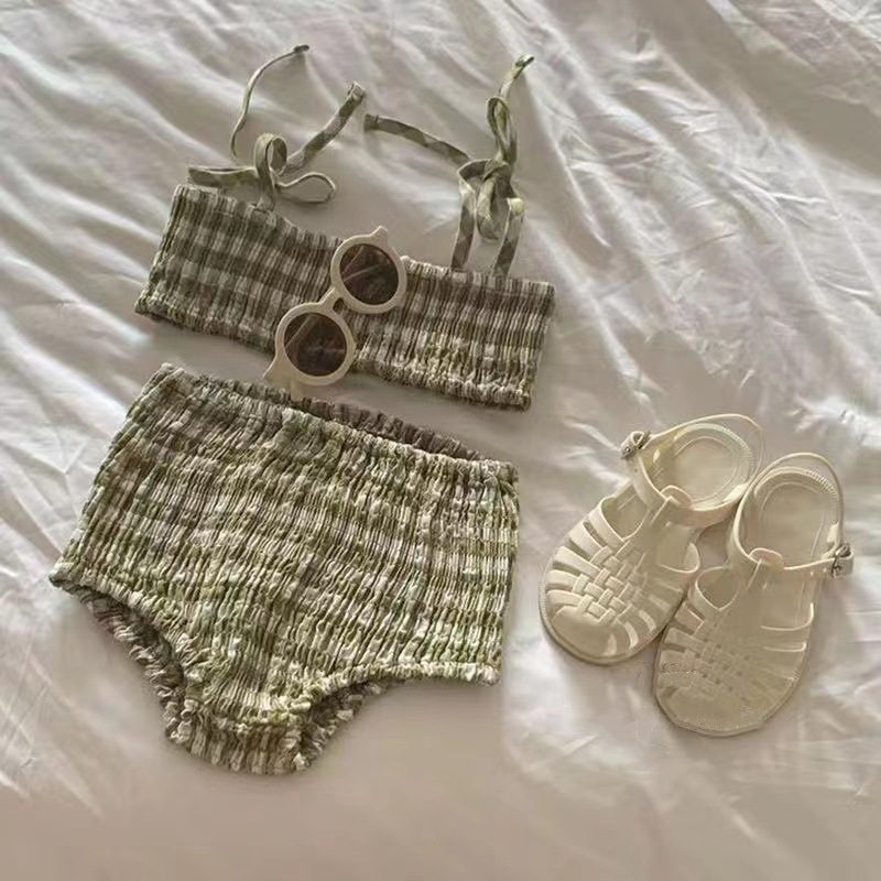 ins　夏新作　女の子　セパレートタイプ　水着　チェック柄　スイミング　可愛い　ビーチ　温泉　80～160