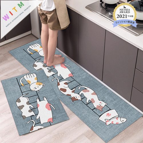 猫柄 玄関マット 吸水マット バスマット 40cm×120cm 滑り止め付き 丸洗い 泥落とし 泥除け