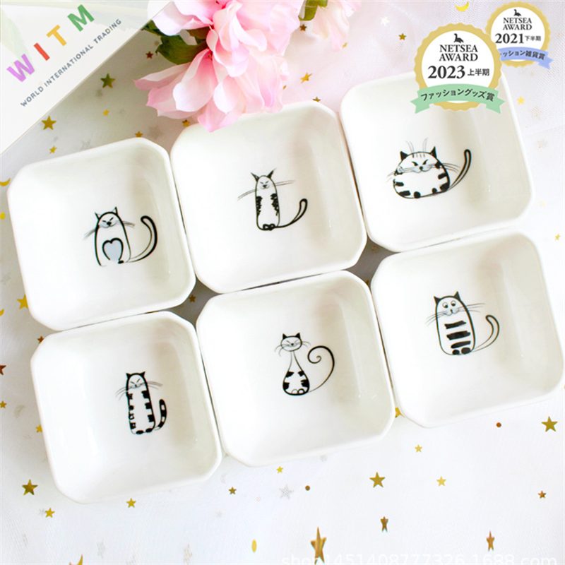 四角形 お皿 セラミック 猫柄 食器 醤油皿 箸置き 小皿 豆皿 可愛い キッチン用品