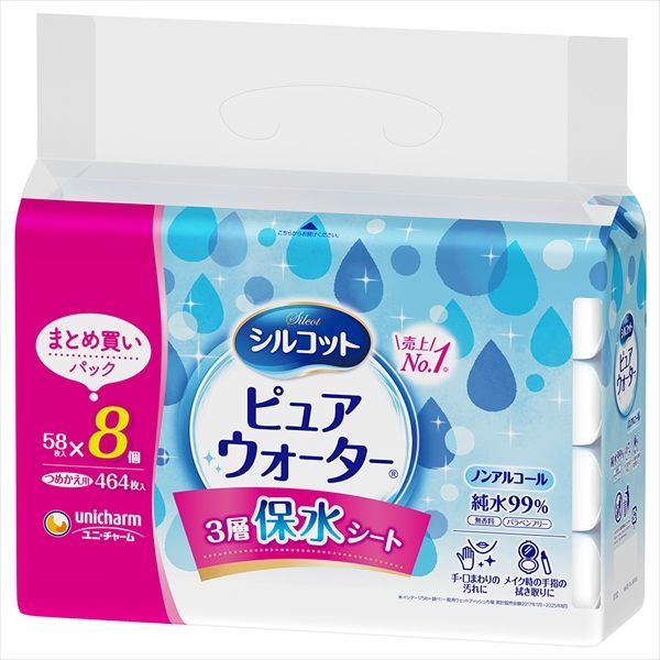 シルコットピュアウォーターウェットティッシュ詰替５８枚×８個パック 【ユニ・チャーム】