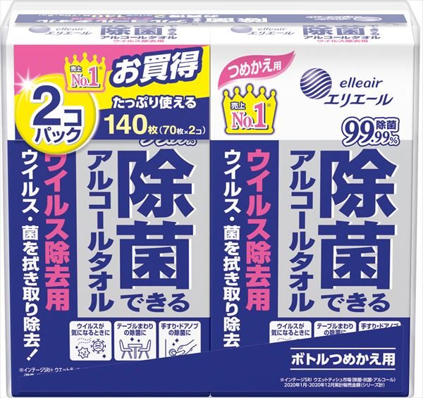 エリエール除菌できるアルコールタオルウイルス除去用つめかえ用７０枚×２個 【 大王製紙 】