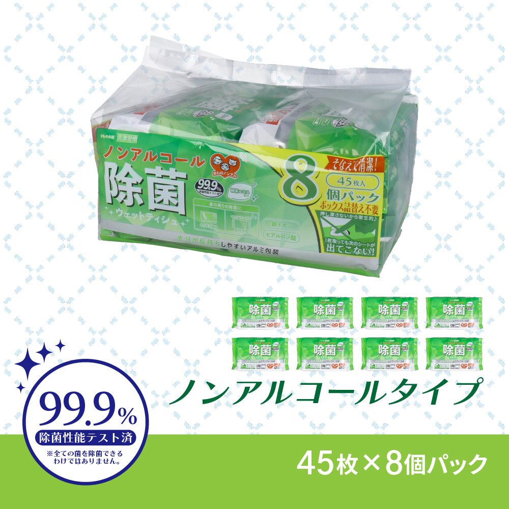 清潔習慣 除菌ウェットティシュ ノンアルコールタイプ 45枚入×8個パック