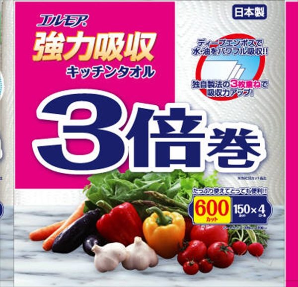 エルモア　強力吸収キッチンタオル　３倍巻　４ロール　３枚重ね×１５０カット 【カミ商事】