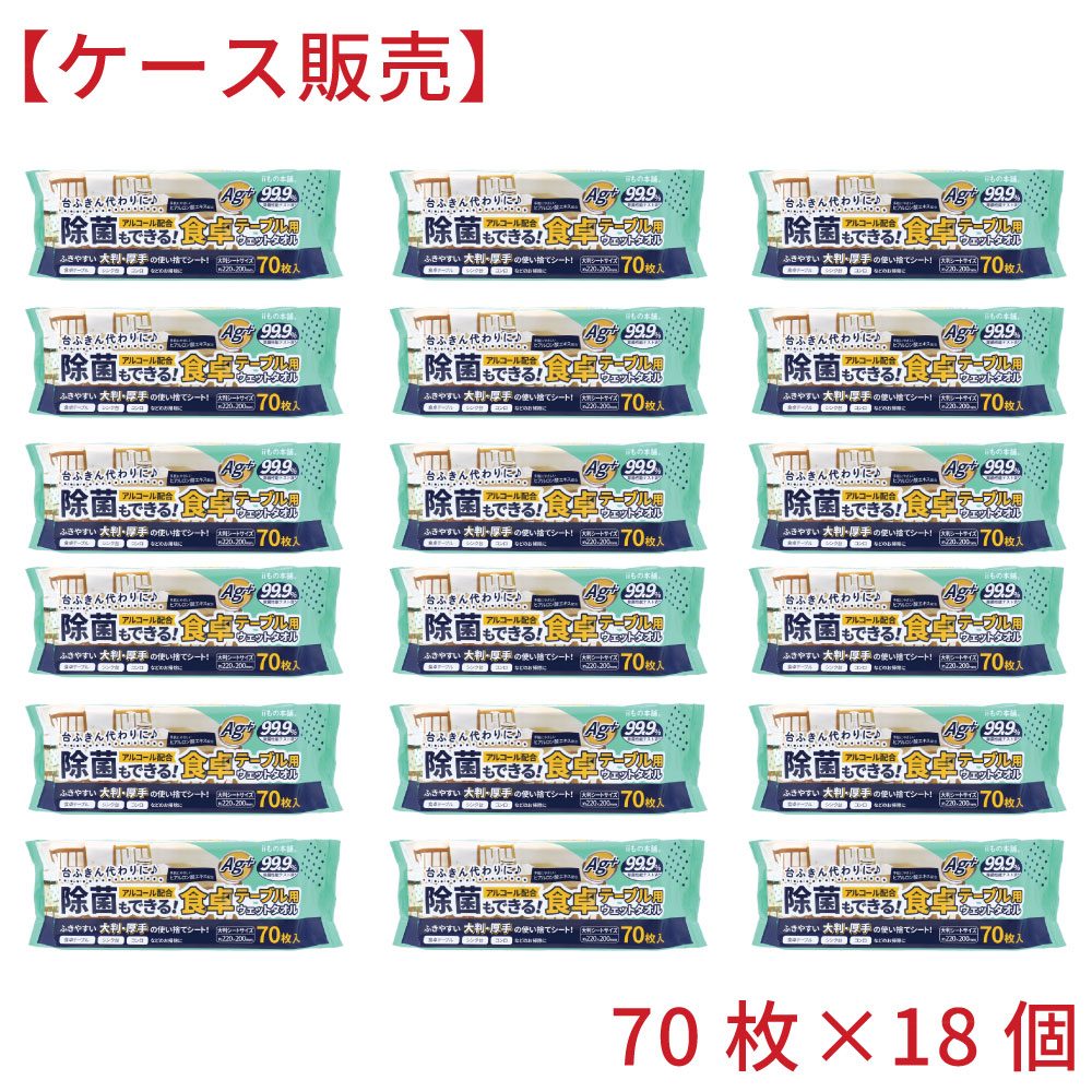 除菌もできる！ 食卓テーブル用ウェットタオル 70枚入×18個【ケース販売】