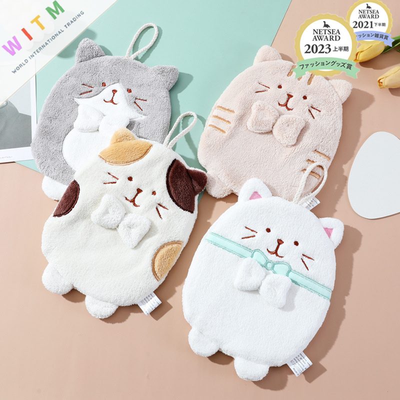 猫柄 手拭き タオル キッチンタオル 洗面室 ループ付き 吸水性 肌に優しい かわいい