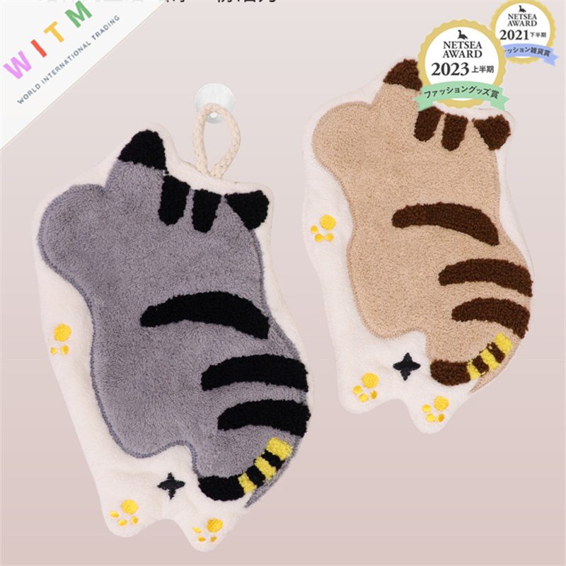 猫柄 手拭き タオル キッチンタオル 洗面室 ループ付き 吸水性 肌に優しい かわいい